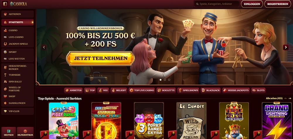 Casoola Casino-Startseite mit lebhaftem animiertem Banner und Cartoon-Charakteren im Casino, der einen 100 % Willkommensbonus bis zu 500 € plus 200 Freispiele bewirbt. Die Oberfläche bietet Navigation für Casino, Live-Casino, Jackpot-Spiele, Sportwetten, Turniere und VIP-Club sowie hervorgehobene Spiele wie Crack the Piggy Banks, Cash Connection Golden Book of Ra und Grand Lightning.