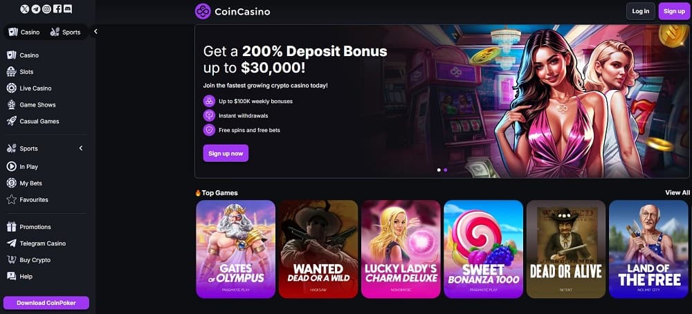 Screenshot der CoinCasino-Startseite mit 200% Einzahlungsbonus bis zu 30.000 $ und beliebten Spielen wie Gates of Olympus.